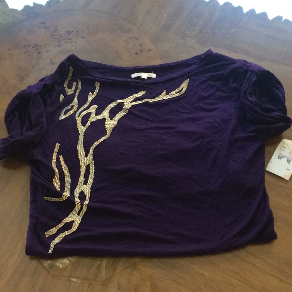 Matty M Purple Short Sleeve Tee with Gold Sequin Branch Detail